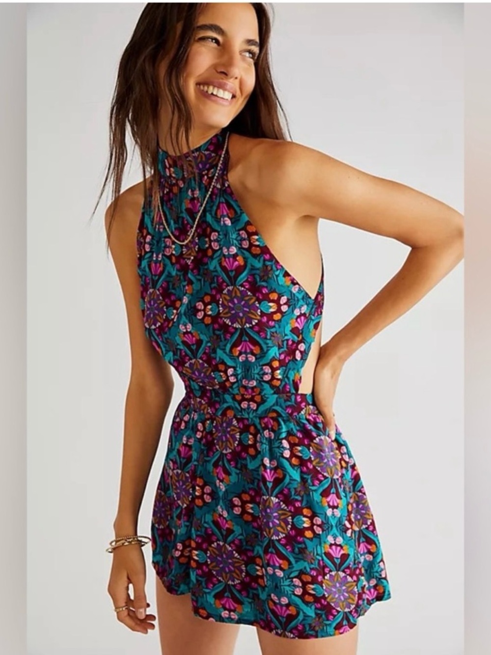 Free People Teal and Purple Floral Backless Halter Romper